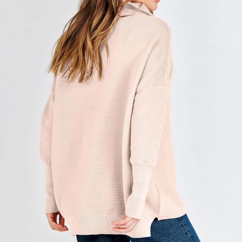 Quarter Zip Ribbed Pullover Top Beige Tan Large - Picture 6 of 13
